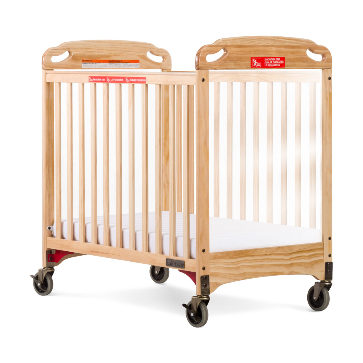Front view of Child Craft compact evacuation crib with clear end panels