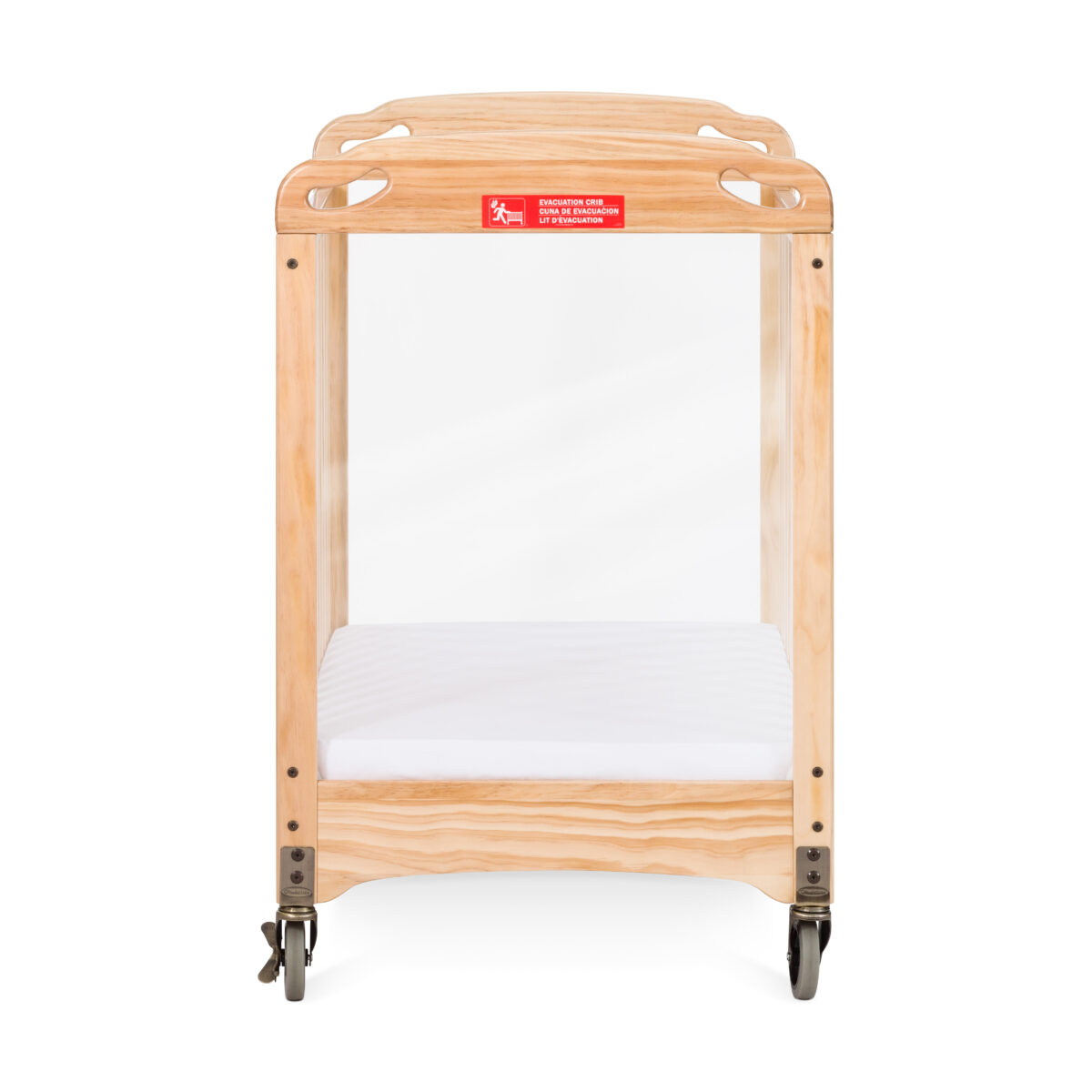Clear-view end panel on commercial daycare crib