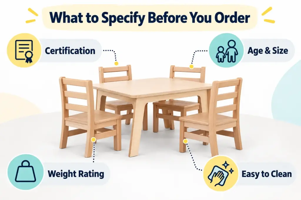 Preschool classroom furniture specification checklist covering certification, sizing, weight rating and cleanability