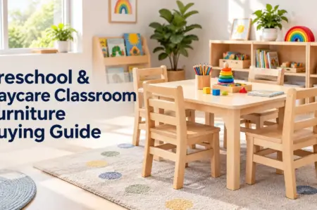 Preschool and daycare classroom furniture buying guide featuring child-size wooden tables and chairs