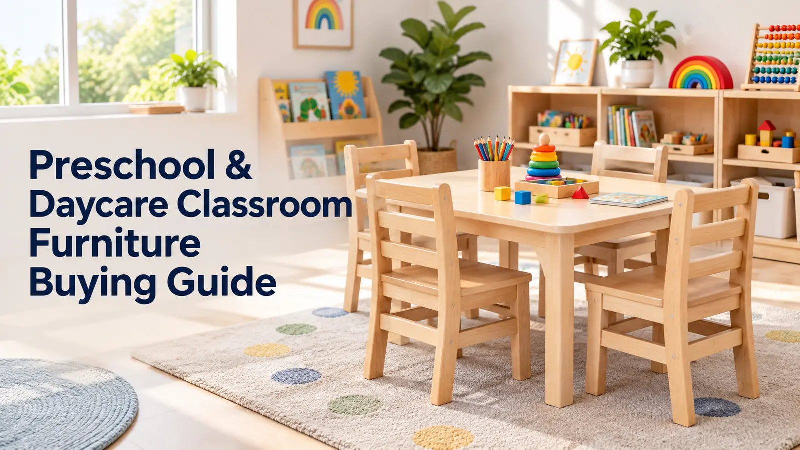 Preschool and daycare classroom furniture buying guide featuring child-size wooden tables and chairs