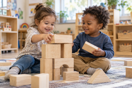 Two toddlers working together to build a wooden block tower in a bright child care classroom.