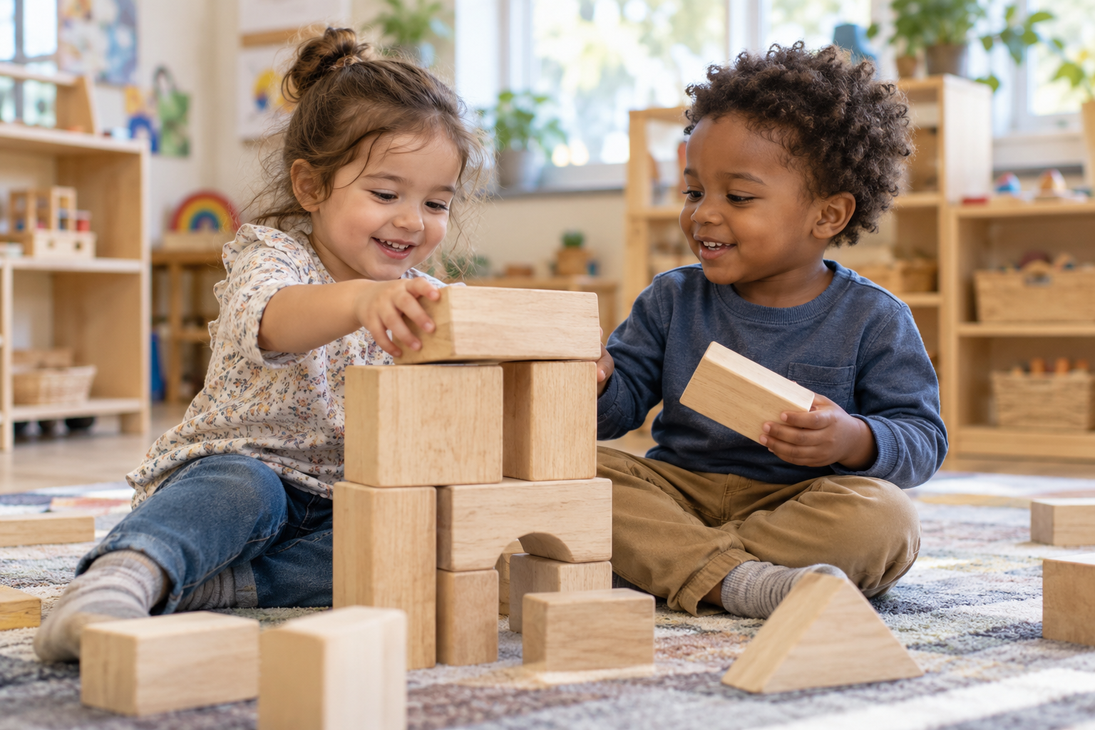 Two toddlers working together to build a wooden block tower in a bright child care classroom.
